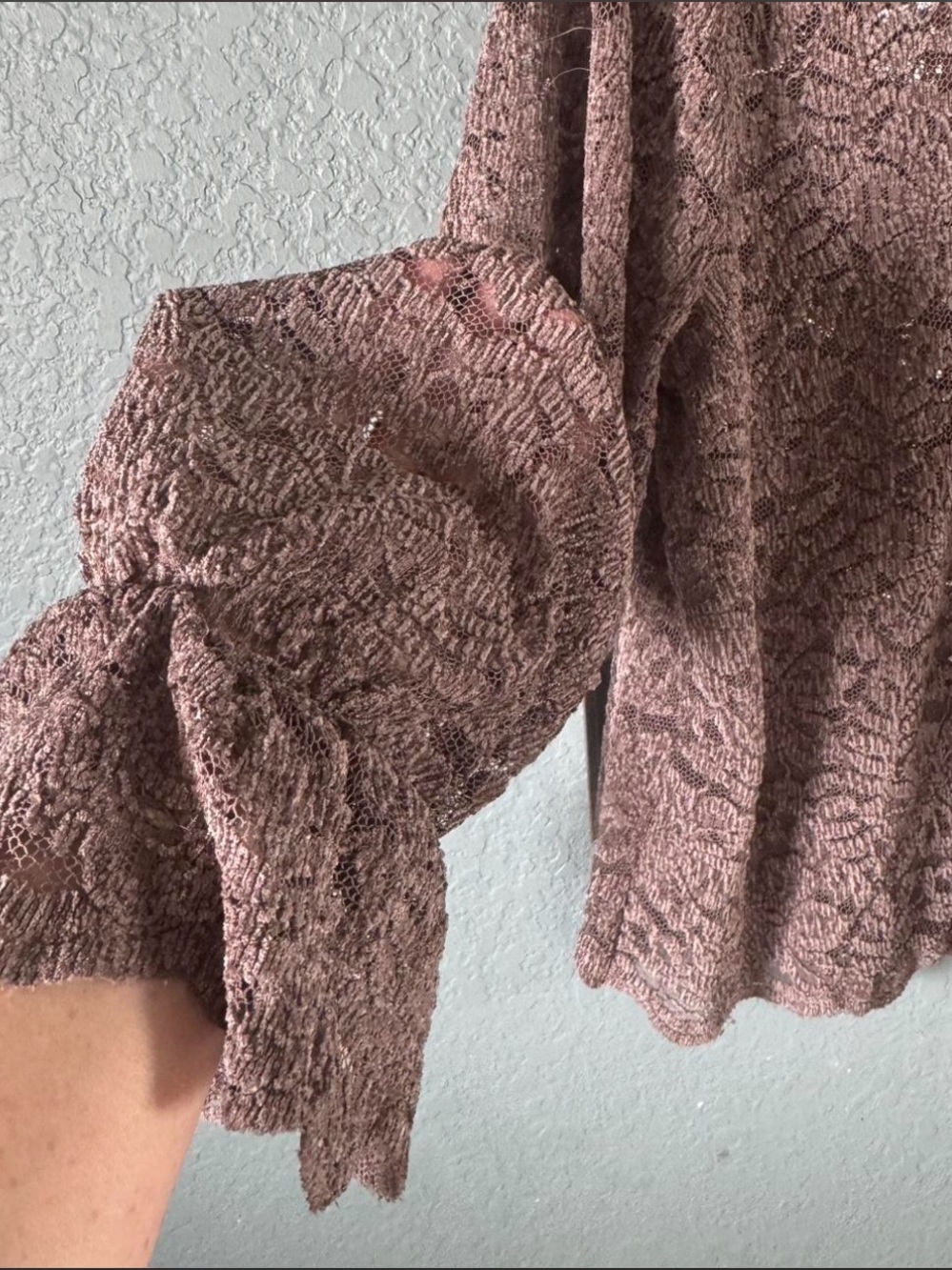 Anthropologie Whimsy Brown Lace Dusty Mauve Lace Ruffle Mock Neck Top Size XL